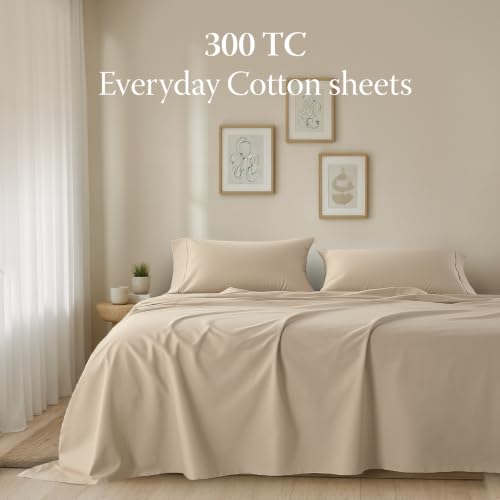 Image of Threadmill 300 Thread Count Cotton King Sheet Set, Sateen, Solid, Beige | 100% Cotton, Sateen Weave, 4-Piece Set, Breathable, All-Season, Lightweight, OEKO-TEX Certified, Machine Washable