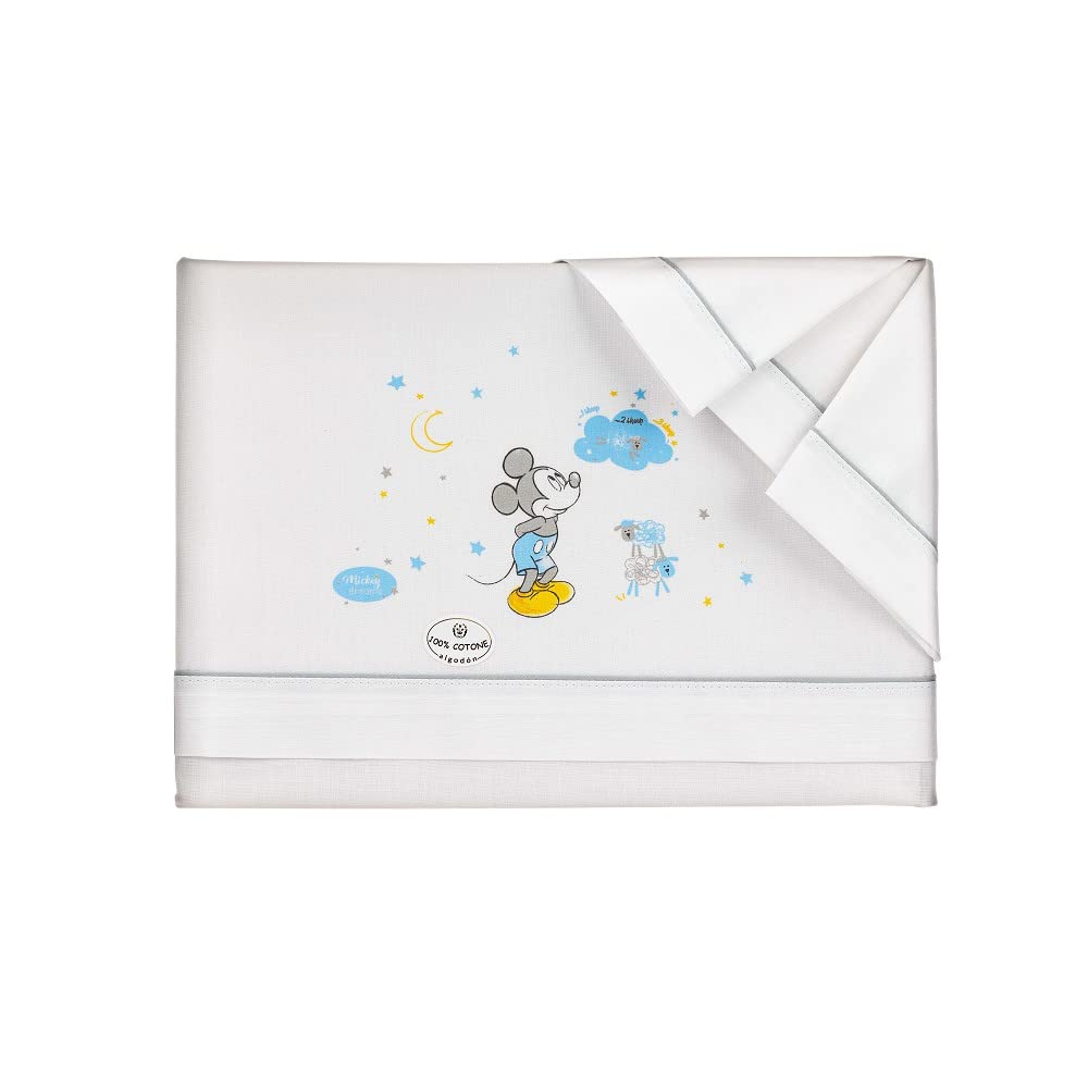 Interbaby Disney - Set di biancheria da letto per bambini, 60 x 120 cm, motivo: Topolino, bianco e grigio, 100% cotone