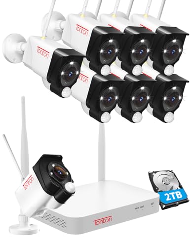 2K WLAN Überwachungskamera Set mit Gegensprechfunktion, 5MP 10CH Wireless NVR 8x3MP Kabellose Outdoor Überwachungskamera, PIR Personen Erkennung, Wasserdicht, Spotlight Warnung, Work with Alexa, 2TB