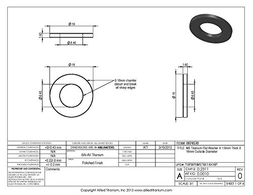 Allied Titanium 0074570, (Pack Of 20) M8 Titanium Flat Washer X 1.6Mm Thick X 16Mm Outside Diameter, Grade 5 (Ti-6Al-4V) #TOP1
