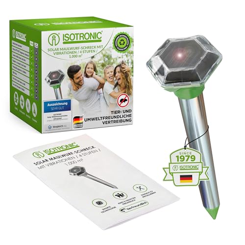 ISOTRONIC Maulwurf Vertreiber solarbetrieben | Ultraschall Schädlingsbekämpfung gegen Wühlmäuse & Schlangen, 1.000 m² (1 Stück)