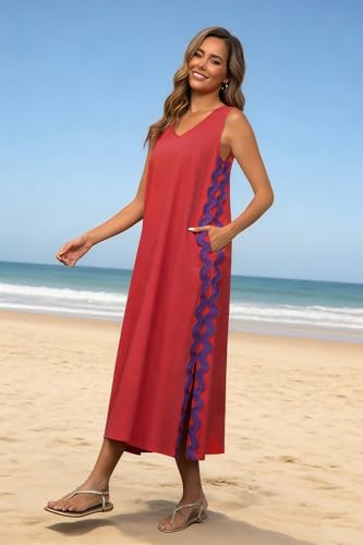 Image of utcoco Women's Summer Beach Boho Flowy Maxi Dress Casual Sleeveless V Neck Side Slit RIC Rac Tank Dress