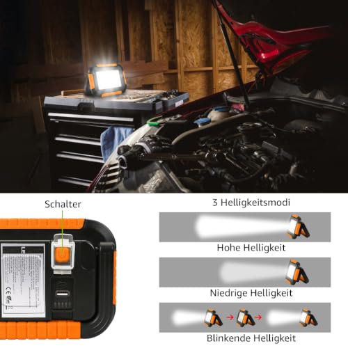 LE Campinglampe Wiederaufladbare Arbeitsleuchte Dimmbar 1000lm, Orange – Ansicht 4