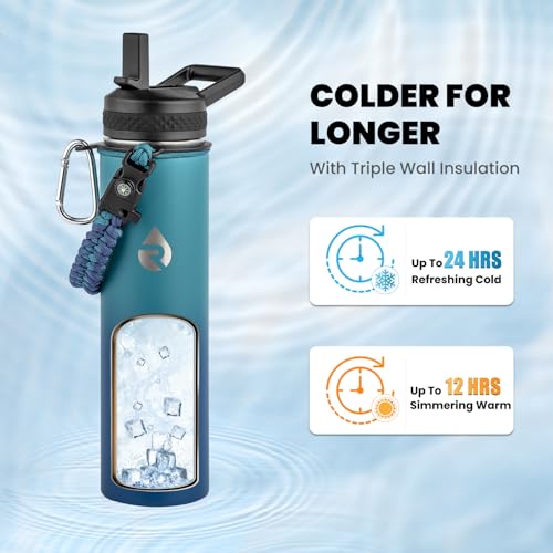 Image of RAYMYLO Insulated Water Bottle 24 oz, Triple Wall Vacuum Stainless Steel (Cold for 24Hrs, Hot for 12Hrs), Leak Proof & Non-BPA, Modern Water Flask Jug with Paracord Handle & Straw Spout Lids