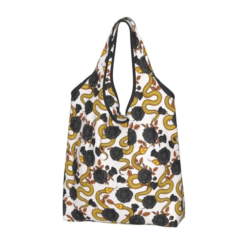TZTTZT Bolsas de compras reutilizables, plegables, elegantes, con estampado de serpiente dorada, con asas, Negro, 2 PCS
