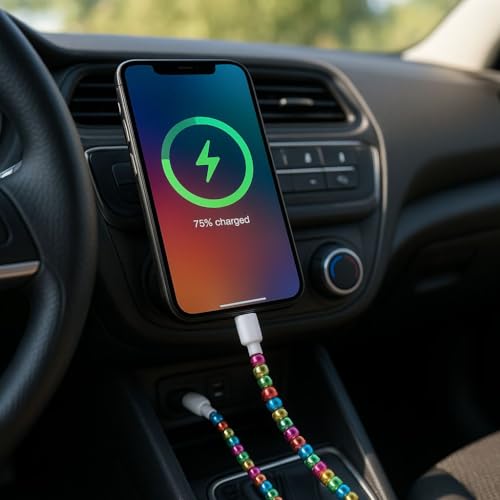 Image of Stylish [Apple MFi Certified] Beaded Phone Charger Cable Metallic Colors USB Cable 2 in1 USB-C Charging Cord for Smartphones 3.3ft (Multicolor)