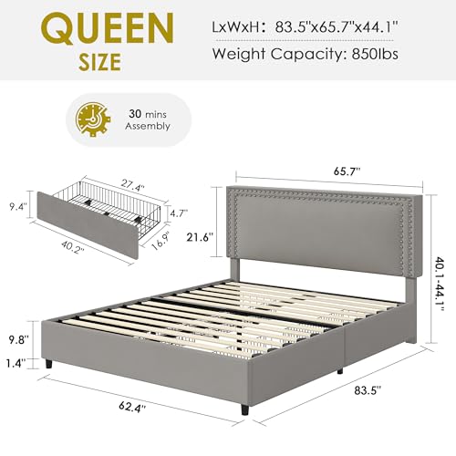 Image of VECELO Queen Size Upholstered Bed Frame with 4 Storage Drawers, Adjustable Velvet Rivet Decor Headboard, Wooden Slats Platform Support, No Box Spring Needed, Easy Assembly,Dark Grey