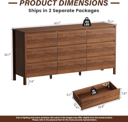 Image of Furniway Walnut 3 Piece Bedroom Set, 9 Drawer Dresser and Nightstands