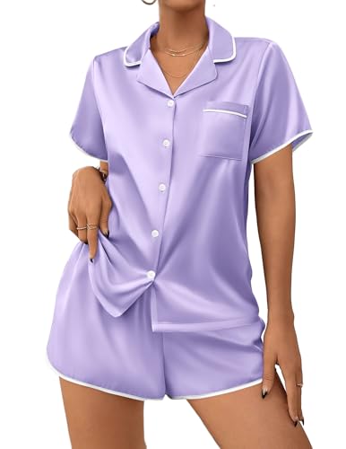 Image of Ekouaer Womens Satin Pajamas Set 2 piece Silky Buttton Down Short Pjs | Silk Notch Collar Top and Soft Shorts Lounge Set for Sleep, Daily Wear, Home, Wedding, Party