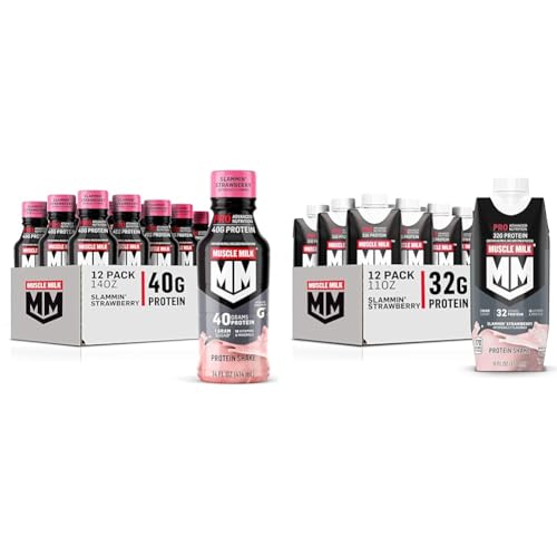 Muscle Milk Pro Series Protein Shake, Slammin' Strawberry, 40g Protein, 14 Fl Oz, 12 Pack & Pro Advanced Nutrition Protein Shake, Slammin' Strawberry, 11 Fl Oz Carton, 12 Pack