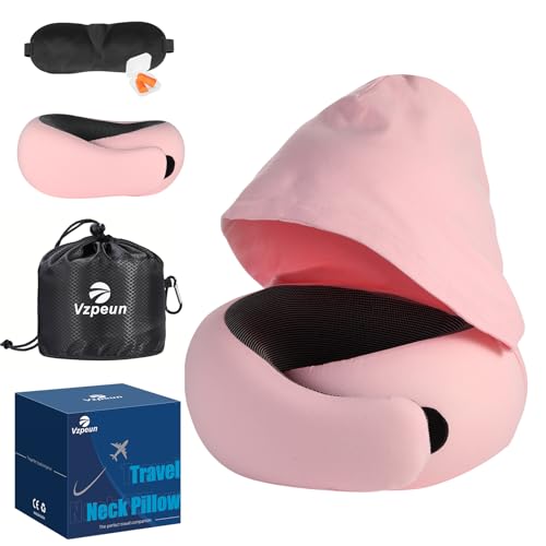 Vzpeun Hooded Travel Pillow with Eye Mask & Earplugs