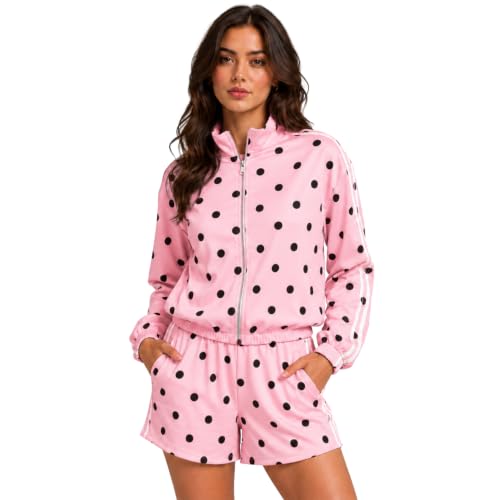 Image of Janisramone® Polka Dot Jacket & Shorts Tracksuit Womens Full Set, Zip Up High Neck Womens Jacket with Matching Elasticated Waist Shorts Co Ord Set, Summer 2 Piece Outfits Women Lounge Set with Pockets