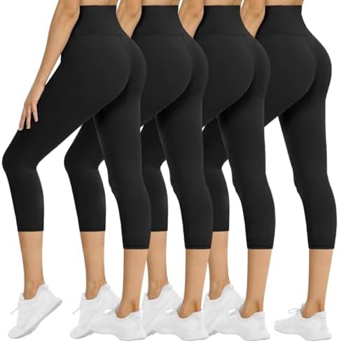 NexiEpoch 4 Pack Leggings for Women - High Waisted Tummy Control Soft Black Capri Yoga Pants with Pockets for Workout