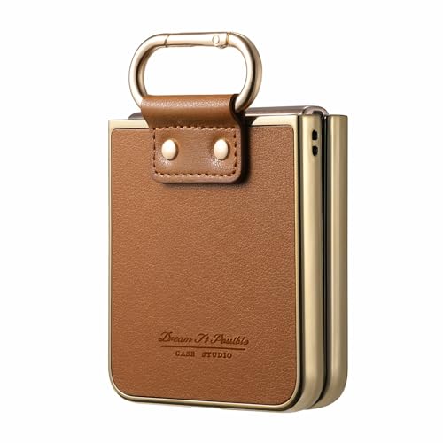 Image of for Motorola Razr 50 Ultra 5G Case Electroplating Leather Coated PC Phone Cover with Spring Ring Buckle Kickstand - Brown