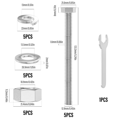 Image of 5PCS 1 /2-13 x 5 304 Stainless Steel External Hex Bolt, Fully Threaded Bolt with Nut Flat & Lock Washers and Spanner