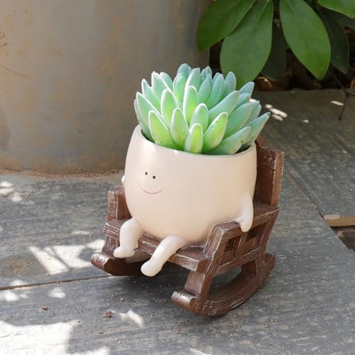Smily Face Planter Pot Cute Resin Flower Head Planters for Indoor Outdoor Unique Sit Rocking Chair Succulent Pots Father Mother Gift and Appreciation Christmas with Drainage Hole (Small)