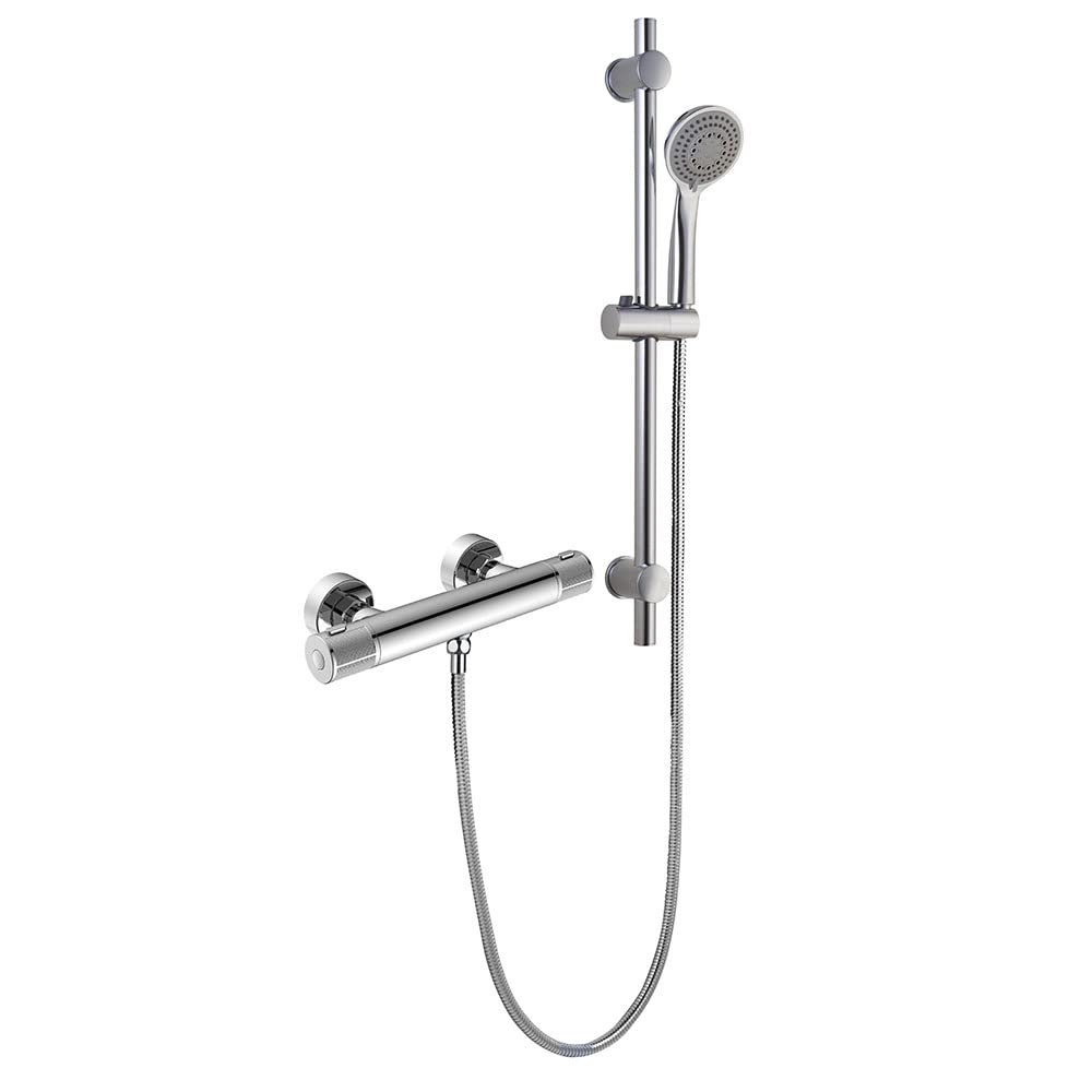 Grifo termostático para ducha ALO con barra y manetas latón grafiladas. Incluye flexo de acero inoxidable, mango de ducha y barra de ducha