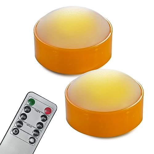 Image of 2 Pack Halloween LED Pumpkin Lights with Remote and Timer Orange Color Flickering Battery Operated Decor Jack-O-Lantern Flameless Electric Candles for Pumpkin Home Outdoor Decorations