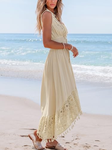 CUPSHE Women's Maxi Dress V Neck Sleeveless Lace Tassel Smocked Waist Cover Up Beach Formal Long Dress4