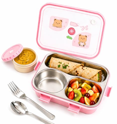 Image of KAVANA Lunch Box 3 Compartment Leak-Proof BPA Free Stainless Steel, Lunch Box for Kids, Lunch Box for School & Office with a Fork, a Spoon (Blue), 750 ml (Pink)