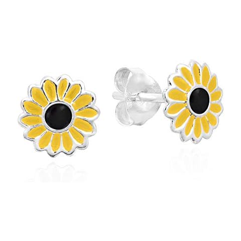 Petite Yellow Enamel Sunflower .925 Sterling Silver Stud Earrings Cover