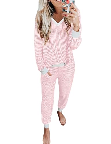 JUSTFASHIONNOW Women's Pajama Sets 2 Piece Striped Lounge Sets Long Sleeve Top and Pants Soft Sleepwear Pjs 2025 Fall Outfits3