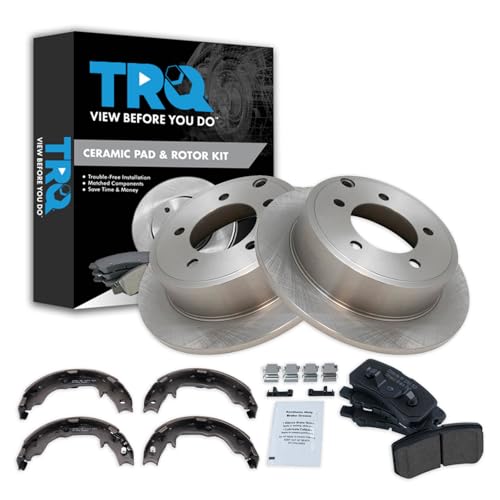 Image of TRQ Rear Ceramic Brake Pad and Rotor Set Includes Parking Shoes Compatible with 2017 Jeep Compass Patriot with 262mm Diameter Rear Rotors 2013 Chrysler 200 262mm Diameter Rotors