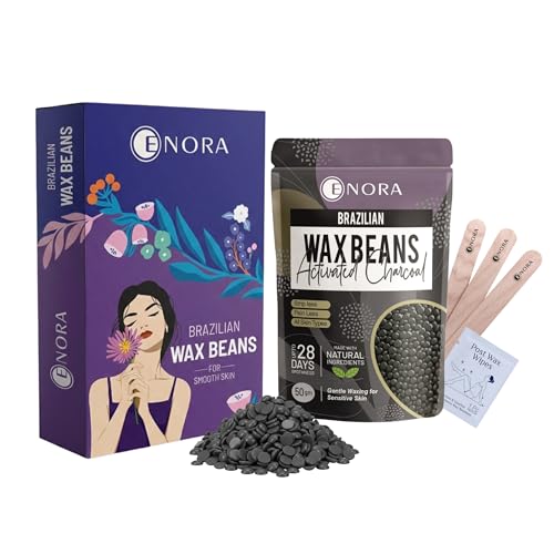 Image of ENORA Brazilian Stripless Wax Beans for Women (50g) | With Wooden Spatula | Natural | For Face, Chin, Hairline, Bikini Area & Full Body Hair Removal (50 Gram, Activated Charcoal)