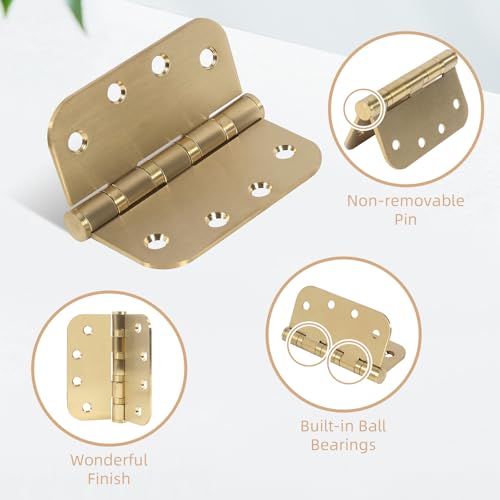 6 Pack Gold Ball Bearing Door Hinges, 4.0 x 4.0 Inches Heavy-Duty Stainless Steel Door Hinges for Exterior & Interior Doors, 5/8'' Radius Corner by LITLANDSTAR - Image 4