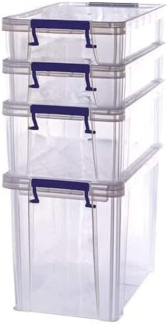 BANKERS BOX 4 Plast Storage Box with Lids, ProStore Super Strong Stackable Plastic Storage Boxes - 2 x 5.5 Litre, 1 x 18.5 Litre & 1 x 10 Litre, Clear