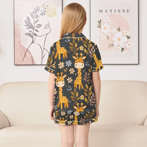 ALAZA Giraffe Flower Floral Satin Pajamas Set Short Sleeve Button Down Sleepwear Summer Pjs 2 Piece4