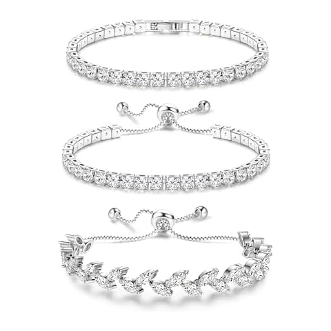 YADOCA Tennis Bracelets For Women Men - Silver Plated Bracelet Stack Cubic Zirconia CZ Diamond Adjustable Stackable Bracelets Set For Prom Wedding Jewelry Gift 3Pcs Cover
