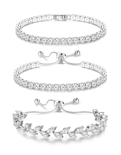 YADOCA Tennis Bracelets For Women - Silver Plated Bracelet Stack Cubic Zirconia CZ Diamond Adjustable Stackable Bracelets Set For Prom Wedding Jewelry Gift 3Pcs