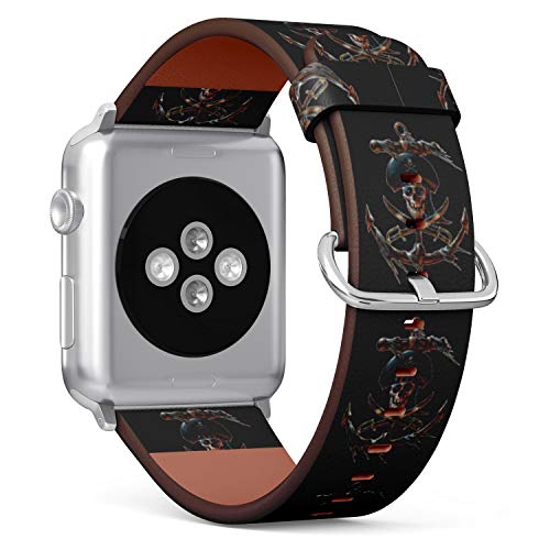 ( Pirate Skull and Anchor )Patterned Leather Wristband Strap Compatible with Apple Watch Series 6/5/4/3/2/1 ,Replacement for iWatch 38mm / 40mm bands