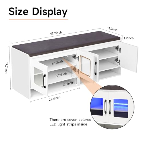 vellaniq Shoe Bench with Thickened Cushion,Entrance Bench with Glass Door and Ambient Light,Three-Layer Shoe Rack,Color Changing Light Strip, Two Large Storage Spaces,Living Room,Bedroom,White - image 2