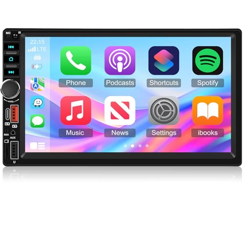 Techschermo Double Din Car Stereo with Wireless Carplay and Android Auto, 7 Inch Touchscreen Bluetooth Car Radio with Share Same Video/Online Video/Mirror Link/EQ/FM + 12leds Backup Camera