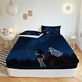 Allenjoy Twin Size Starry Night Sky Fitted Sheet Anime Couple Stargazing Bed Sheets Bedding Set Deep Pockets Up to 16' Bedroom Decor with 1 Pillowcase SC00687-006