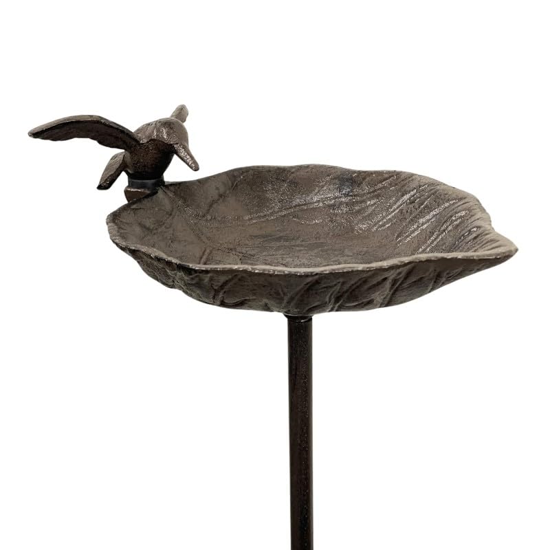 Grand Tuteur Bain d'oiseaux ou Pic de Jardin Coupelle Façon Bénitier Bain à Oiseau en Fonte Patinée Marron 13x18x100cm