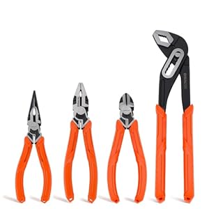 REALTEK 4-Piece Pliers Set, 6″ Long Nose Plier, 6″ Diagonal Cutting Plier, 8″ Combination Plier, 10″ Water Pump Plier, for DIY Household Repair, CR-V