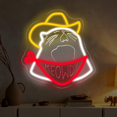Image of Cowboy Cat Neon Sign Meowdy Cat Led Light Kids Room Decor | USB Powered Dimmable Home Wall Decor Room Decoration 13 inchx12.2 inch