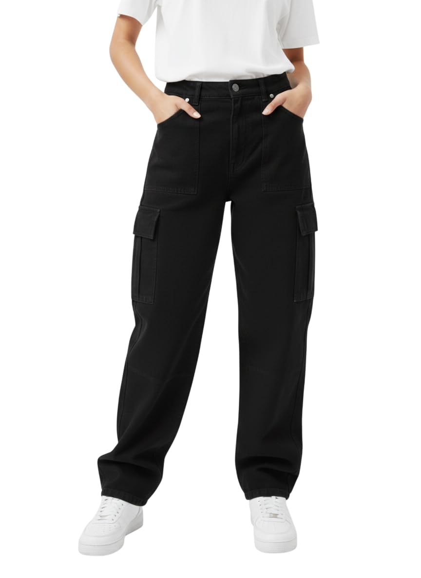 steple denims Women’s High Waist Baggy Fit Cargo Jeans – Wide Leg Casual Pants for Women (SD-WOMEN-BLACK-CARGO-34)-picture-27