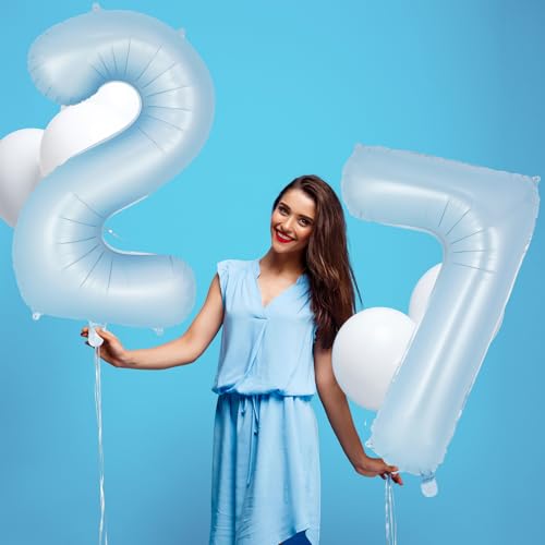 Image of Light Blue Number 7 Balloon, 40 Inch Big Large Foil Number Balloons, Giant Mylar Number 7 Balloons for 7 Year old Birthday Baby Party Decorations Supplies Anniversary