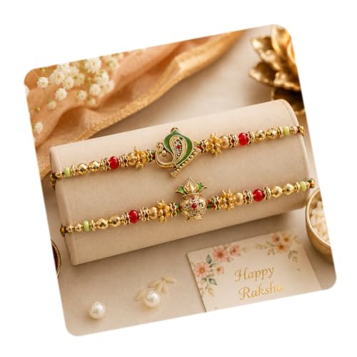 Image of CraftVatika Kundan Rakhi Set for Brother Set of 2, Designer Peacock Rakhi for Brother Boy Men, Premium Kalash Raki for Bhaiya, Traditional Rakshabandhan Rakhis with Best Wishes Card and Tillak Set