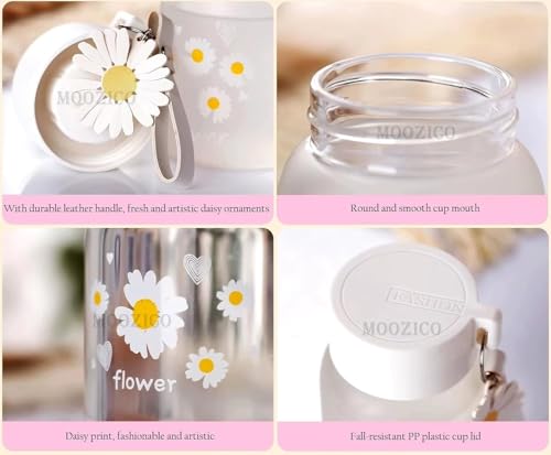 Image of Cute Flower Glass Water Bottle with Lid & Daisy Keychain | Frosted Aesthetic Reusable Milk Juice Coffee Tumbler | Leak Proof Eco-Friendly Travel Cup for Girls & Women - 300ml (2 Pcs)