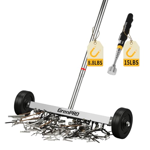 GRENPRO 17' Rolling Magnetic Sweeper with Wheels,8.8 Lbs Pull Force,Telescoping Handle,2-Pack Includes Magnetic Pickup Tool for Construction,Workshop,Garage & Yard