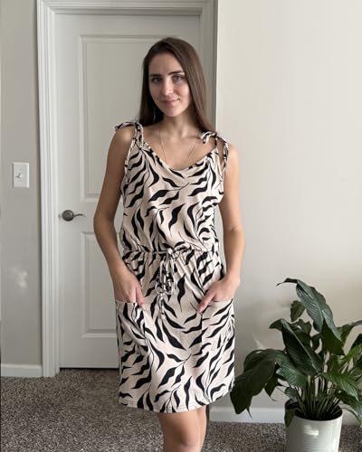 Image of AUSELILY Womens Summer Dresses Sleeveless Spaghetti Strap Beach Cover up Drawstring Waist Mini Short Dress with Pockets