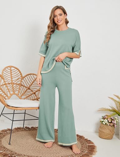 Image of Tanming Sweater Sets Women 2 Piece Lounge Sets Short Sleeve Knit Pullover Tops Wide Leg Pants