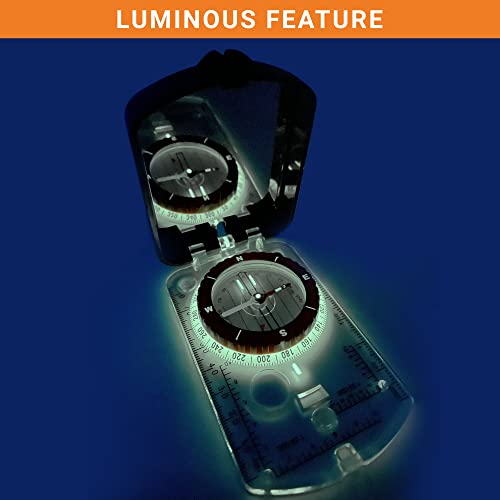 Outdoor Guardian Luminous Orienteering Compass With Survival Whistle - Multifunction Baseplate Sighting Hiking Led Light, Adjustable Declination, & Clinometer For Hiking/Camping/Orienteering, Black #TOP3