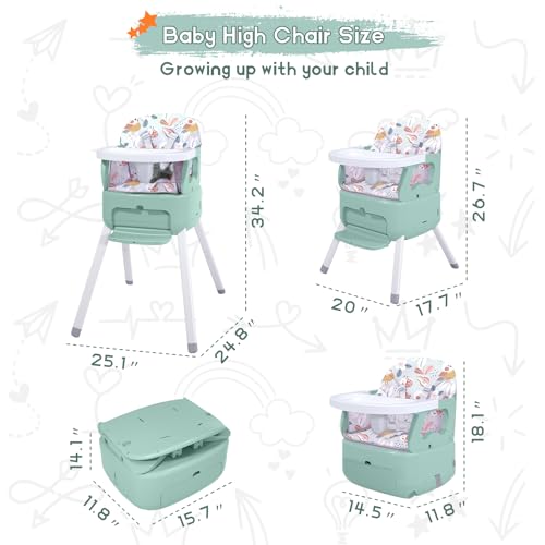 4 in 1 portable baby high chairconvertible highchair for babies and toddlers-foldable infant booster seatcarry small boxdining chairtoddler high chair with 5-point harnessremovable tray-green