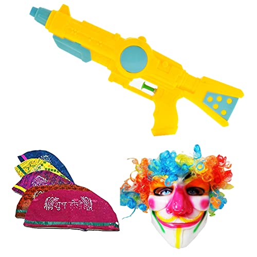 Image of Brown Leaf Toy Gun Holi Pichkari Water Gun Water Pistols Pichkari for Kids Holi Pool Party Fun Toys (1 Pichkari 10 Holi Cap 1 Joker Mask)